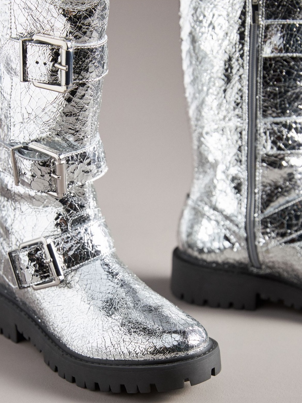 Anthropologie Schutz Georgiana Women's Silver Metallic Buckle Combat Boots